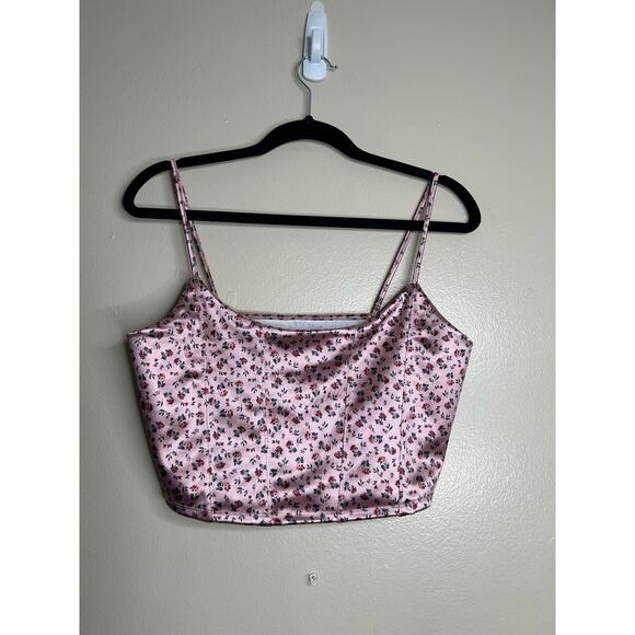 NWT Women’s Size Large Aeropostale Pink Floral Satin Cropped Corset Tank Top - Picture 1 of 3